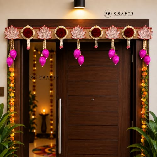 Image of Lotus Toran for Door | Pink Floral Beaded Door Hanging & Wall Decor | Toran for Pooja Mandir, Festivals, Weddings & Home | 38 Inches