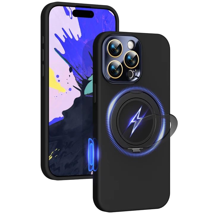 Image of Silicone 360 Spin Magnetic Stand Case for iPhone 16 Pro Max, [Compatible with Mag-Safe][Reinforced Hard Camera Protection] Liquid Silicone Rubber Phone Cover with Ring, Camera Button, Jet Black