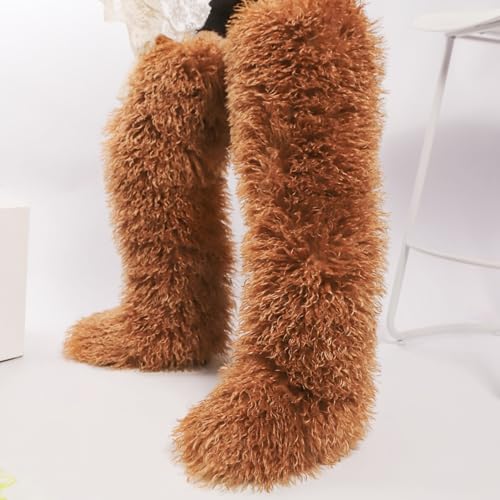 Image of Black Thigh High Fur Boots, Over the Knee Fluffy High Boots, Tall Furry shoes for Women