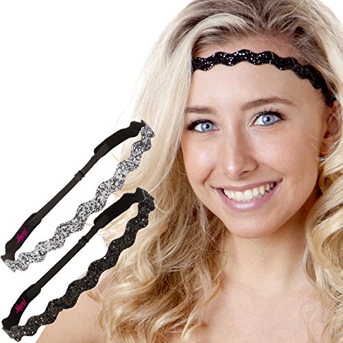 Hipsy Adjustable Non Slip Cute Fashion Bling Glitter Hair Headbands for Women Girls & Teens 2-Pack (Wave Gunmetal & Black)
