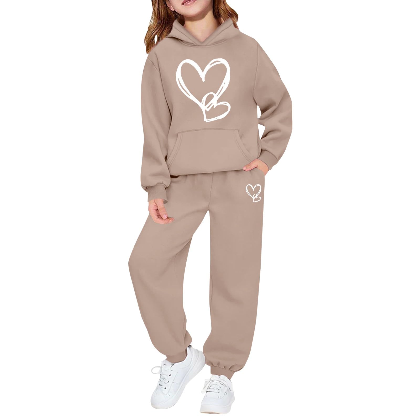 Conjunto deportivo con capucha para niñas, estampado de corazón, caqui, 9-10 años