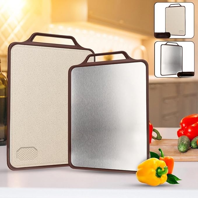 Image of CANWAY Large Stainless Steel Cutting Board for Kitchen - Heavy Duty Metal Chopping Board, Premium Vegetable & Fruit Cutter, Big Size Chopping Pad (39X30.5X1.5 CM, Brown)