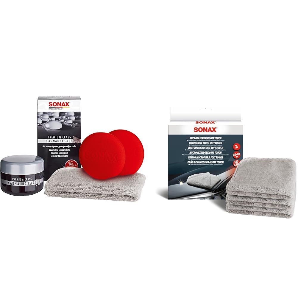 SONAX PREMIUM CLASS Carnauba Care (200 ml) 100% Carnaubawachs & MicrofaserTuch Soft Touch (3 Stück) leistungsfähiges Detailing-Tuch für Polituren