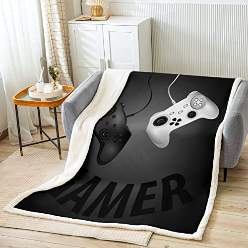 Gamepad Sherpa Blanket Kids Gamer Fleece Throw Blanket Ultra Soft Black White Video Game Gamepad Plush Blanket Warm for Bed Sofa Couch Boys Modern Game Controller Blanket Double 60x79 Inch