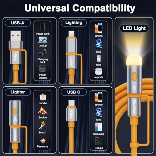 Image of Verilux 6 in 1 PD 60W Type C Cable Fast Charging with 480Mbps Data Synch | 1.2M C Type Charger Cable with USB A /Lighting /USB C to C /Lighter /Lamp for iPhone 17 /16 /15 Series, Galaxy S26 /S25 /S24