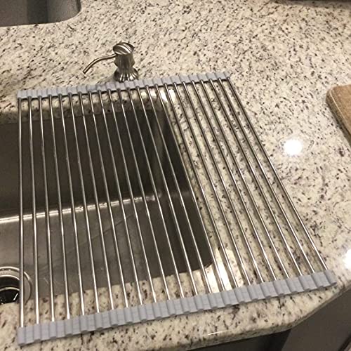 Image of Ahyuan Roll up Dish Drying Rack Over The Sink Kitchen Roll up Sink Drying Rack Portable Dish Drainer Foldable Dish Drying Rack (Warm Gray, 20.5''X16.9'')