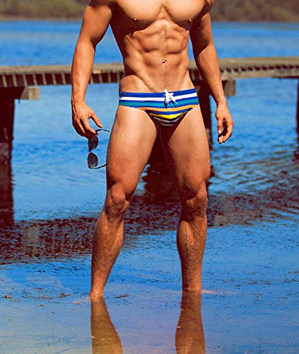 Mizok Mens Swim Briefs Bikini Sexy Striped Swimwear Swimsuits Low Rise Trunks (Medium) Blue #TOP4