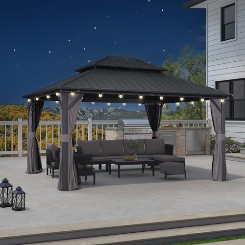 PURPLE-LEAF-12-X-14-Hardtop-Gazebo-with-String-Lights-Patio-Hardtop-Gazebo-with-Heavy-Duty-Galvanized-Steel-Double-Roof-for-Patio-Lawn-Garden-Netting-and-Curtains-Included-Grey PURPLE LEAF 12 X 14 Hardtop Gazebo with String Lights Patio Hardtop Gazebo with Heavy Duty Galvanized Steel Double Roof for Patio Lawn Garden Netting and Curtains Included Grey