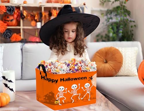 Image of Large Halloween Themed Candy Gift Boo Basket for Kids Baby Personalized Adults Storage Bin Fall Decor(Orange Dance Skeleton)