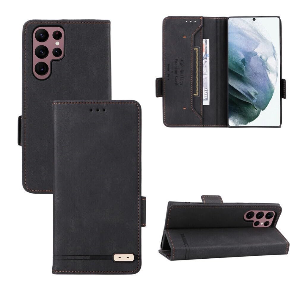 Étui en cuir Galaxy S22 Ultra résistant aux rayures, clapet aimanté noir