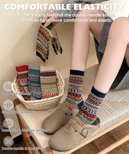 Image of IIG 3-5 Pairs Womens Vintage Cozy Crew Socks Soft Cute Neutral Cotton Socks Exquisite Patterns Socks Gift