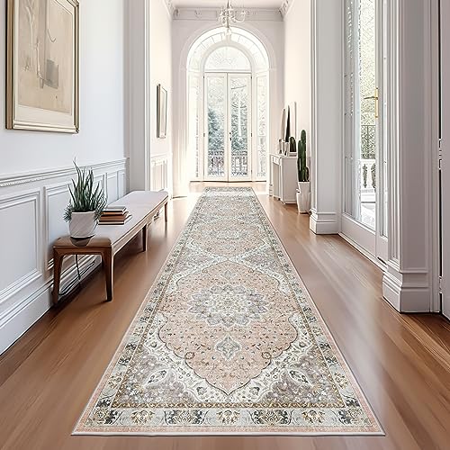 Madane Hallway Runner Rug 2x12, Extra Long Washable Runner Rugs with Rubber Backing, Non Slip Carpet Runner for Hallway, Vintage Rug Runners for Kitchen Laundry Room Entryway (Pink/Gray, 2'x12')
