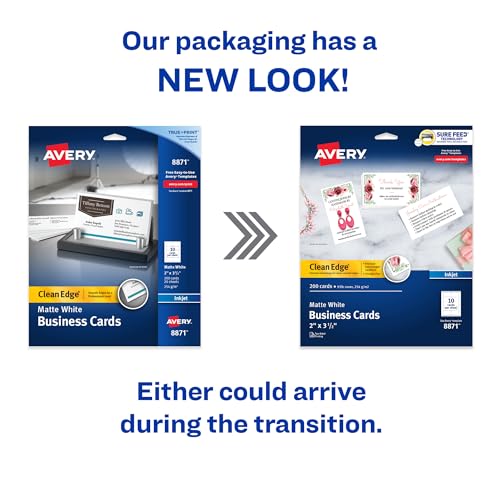 Image of Avery Clean Edge Printable Business Cards with Sure Feed Technology, 2 inch x 3.5 inch, White, 200 Blank Cards for Inkjet Printers (08871)