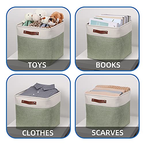Temary Cube Storage Baskets For Shelves 4Pack Fabric Storage Basket For Organizing Toys, Clothes, 13 Inch Storage Cubes With Leather Handles, Closet Baskets Nursery Home (White&Green) #TOP4