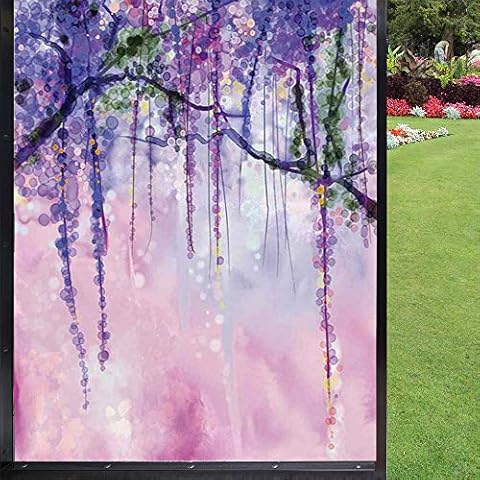 Watercolor Flower Frosted Window Film Home Decor,Wisteria on Blurred Background with Dreamy Colors Stained Glass for Home UV Blocking Privacy,Purple Pale Pink Green 24 inch x 36 inch Cover