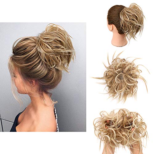 AISI QUEENS Tousled Updo Hair Piece Messy Bun Hair Extension Elastic Rubber Band Updo Extensions Hairpiece Synthetic Ponytail Hairpiece for Women 27/613(strawberry blonde & bleach blond Mixed)