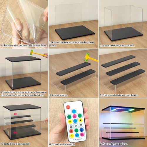 Nonemey Acryl Vitrine Ständer mit Bunten Led Licht,3/4/5/6 Schichten Schaukasten Vitrine Staubdichte Organizer Acrylbox für Sammlerstücke Figuren (Schwarz, 3Stufen-31.5x18x23 cm)