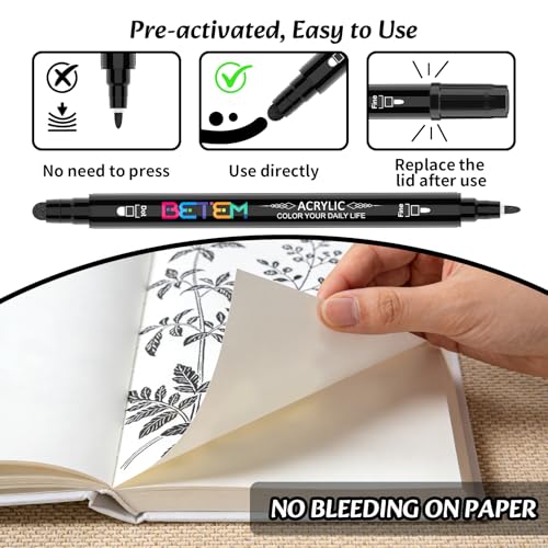 Image of Betem 6 Black Dual Tip Acrylic Paint Markers, Fabric Decorating Kits Premium Water-Based Acrylic Paint Pens Art Supplies for Fabric, Rock, Wood, Glass, Canvas, Ceramic, Teacher Appreciation Gift