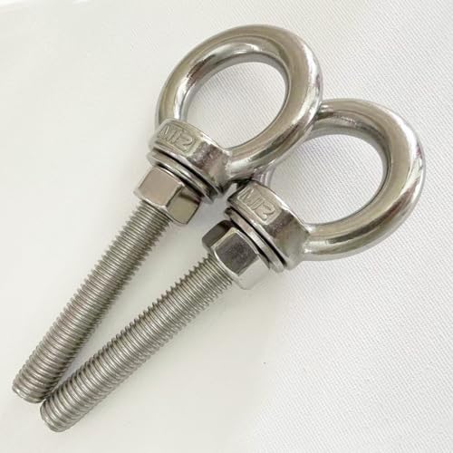 Image of 304 Stainless Steel Shoulder Eye Bolts, 2 PCS M12 Heavy Duty Eye Bolt Lifting Ring 2.75 inch Threaded Eyebolt with Nuts and Flat Washers(Thread Length 70mm) Muti-Function for Indoor Outdoor