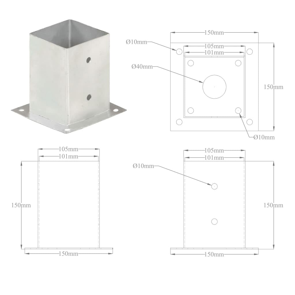 Anclaje de poste de 4 piezas, metal galvanizado para tubos cuadrados de 101 mm, galvanizado en caliente, resistente a la corrosión, para montaje en suelo en hormigón y madera, zapatos de apoyo