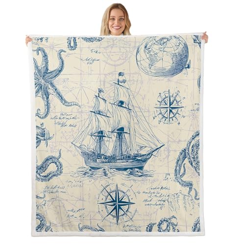Feelyou Vintage Nautical Fleece Throw Blanket Old Sailboat Anchor Plush Blanket Marine Ocean Themed Fuzzy Blanket and Throws Sea Shell Starfish Fluffy Sherpa Blanket Throw 50"X60"