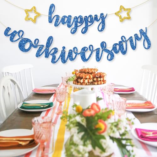 Image of Happy Workiversary Banner Work Anniversary Decorations Work Office Party Decoration Supplies Blue Glitter