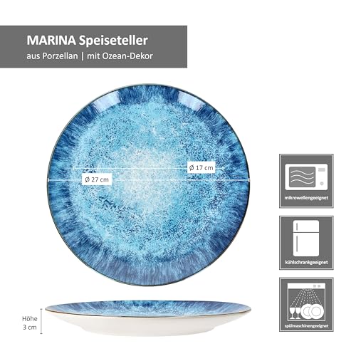 MamboCat Marina 6er Set Speiseteller I Ø 27cm I blaue Porzellan-Essteller mit maritimem Design für 6 Personen I Ozean-Dekor, Gischt I große Teller für Hauptmahlzeiten, zum Grillen & Co