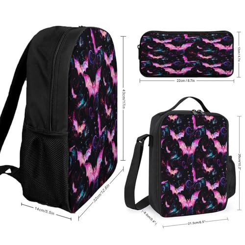Colorful Bats Halloween Backpack Set 3 Pieces Backpacks Lunch Bag Wallet For Travel Outdoor Sports2