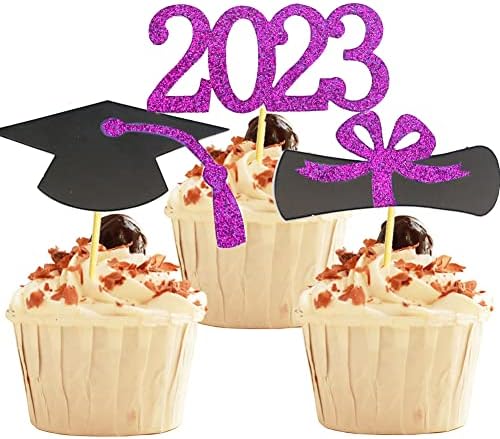 YuBoBo 2023 Graduation Cupcake Toppers, 48 PCS Food/Appetizer Picks For Graduation Party Mini Cake Decorations, Diploma, 2023, Grad Cap Set 48 Pieces (Purple)