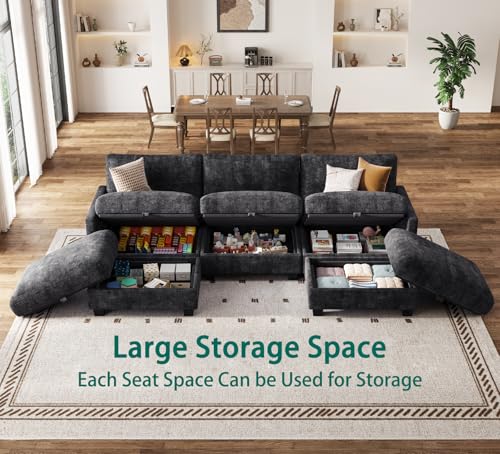 Image of Modular Sectional Sofa, 101 inch U Shaped Couch with Storage | High Resilience Foam, 22 inch Seat Depth, Movable Ottoman, Comfy Chenille, Easy Assembly, Black