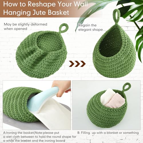Image of Honeydak 3 Hanging Baskets, Sage Green, Green, White, Teardrop, Cotton Rope