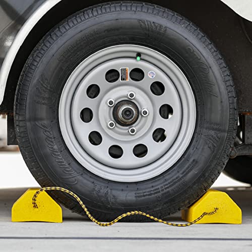 Image of Buyers Products WC9642Y Yellow Small Wheel Chock Set, Lightweight Composite Construction, 32.75 Inch Rope, Ideal for Vehicle Maintenance and Storage, Aviation and Tractors