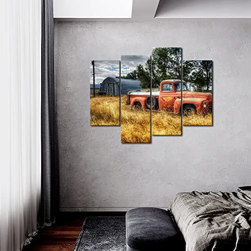 Old Truck Car Wall Art In Red And Trees And Dry Grasses In Field Wall Decor Painting Pictures Print On Canvas The Picture For Home Modern Decoration #TOP1