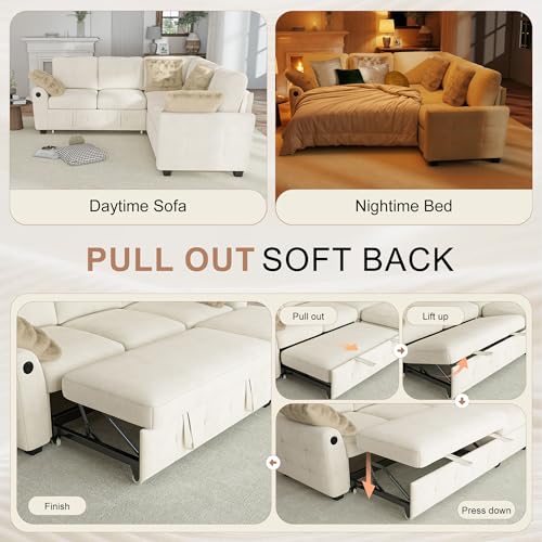 Image of Hanherry Sectional Couch with Pull Out Sofa Bed,Chenille Sleeper Sofa with 2 Seat Storage & USB Charging,Comfy L Shaped Modular Couches for Living Room,Apartment