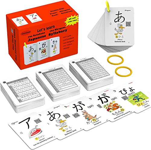 Image of Hiragana and Katakana Alphabet Japanese Flash Cards for Beginners - 104 Katakana & 104 Hiragana Flash Cards with Ring - Easy to Remember and Learning Fast for Kids