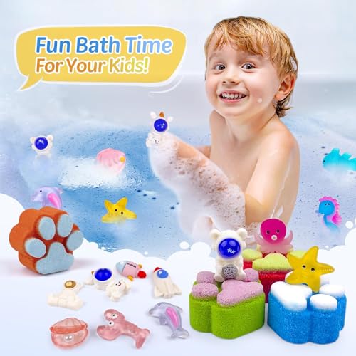 PickMora Badebomben für Kinder mit Überraschung im Inneren, 32er-Pack Pfoten-Badebomben mit Spielzeug, Badebomben mit Meerestieren und Weltraumplaneten-Spielzeug