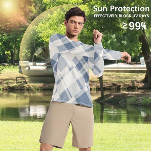 Blue Plaid UPF 50+ Long Sleeve Sun Shirt Lightweight Round Neck Rash Guard Long Sleeve Running4
