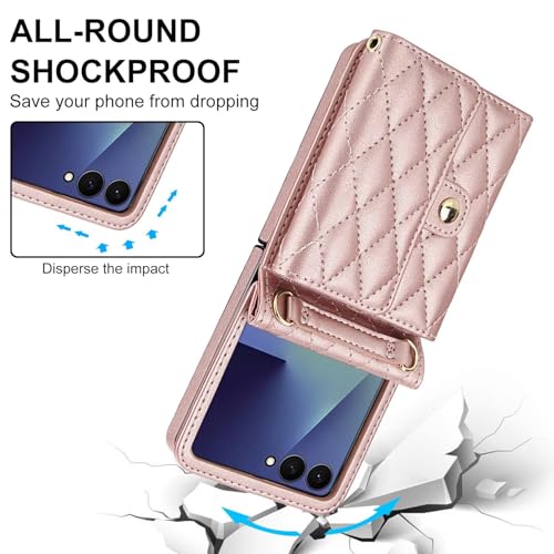 Image of Phone Case for Samsung Galaxy Z Flip 7, Crossbody Wallet Phone Cover with Card Holders Cash Slot Wristlet Strap, Fashion Leather Handbag Flip 7 Phone Case for Women Girls Rose Gold