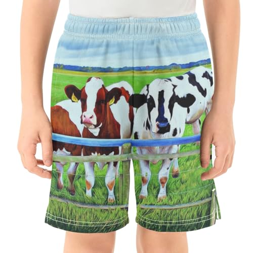 CHIFIGNO Grassland Cows Pull-On Boys Casual Shorts Elastic Waist Youth Boys Thick Summer Shorts with Pockets XS2