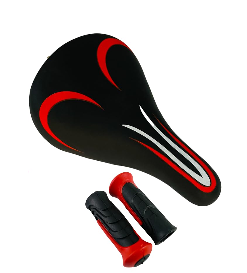 Image of Shrenik Kids Bicycle Saddle Grip Handle Combo Cycle Seat Handlebar Grip 14-20 Inch Cycling 14T 16T 20T (Black-Red)