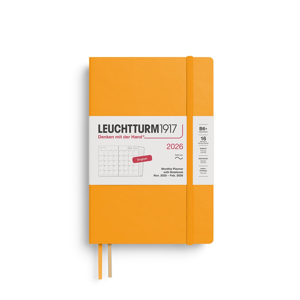 LEUCHTTURM1917 372792 Monthly Planner with Notebook Paperback (B6+) 2026, 16 Months, Softcover, Rising Sun, English