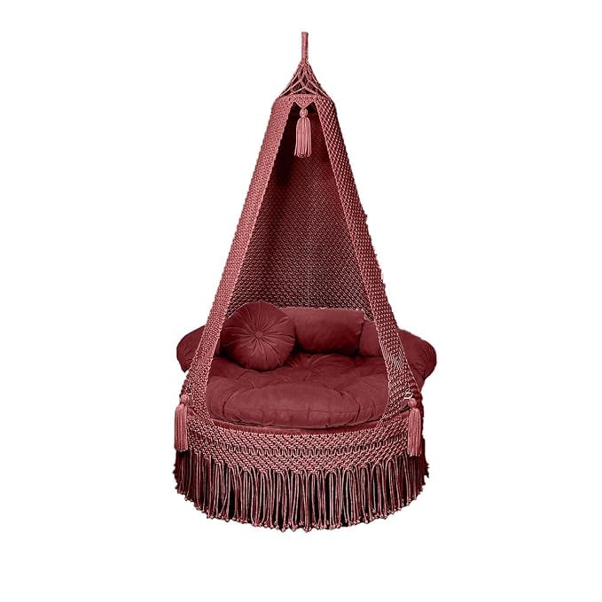 Image of Macrame Hanging Chair Swing with Cushions, Boho Indoor Round Hammock Seat Indoor & Outdoor - Patio, Balcony, Bedroom, Living Room, Garden-Kids, Adults (Maroon)