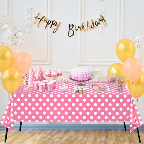 Image of WNINK 4 Pack Pink and White Polka Dot Tablecloths - Pink Disposable Plastic Waterproof Table Cover, 54 inch x 108 inch, for Birthday, Wedding, Bridal Shower, Bachelor, Pink Girl Party, and Picnic
