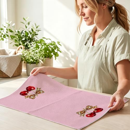 Image of 4 Pcs Cherry Hand Towels for Bathroom, Pink Preppy Bow Reusable Dish Towels | Waffle Weave Hand Cloth Tea Towel for Kitchen Bathroom Decor, Cherry Gifts for Women Friend 24x14 Inch
