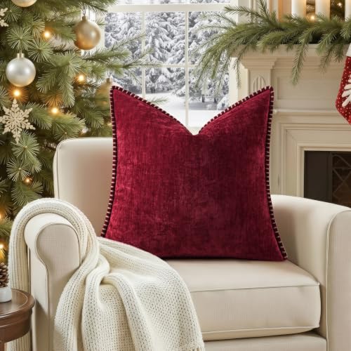 Image of decorUhome Soft Chenille Throw Pillow Covers 18x18 Set of 2 Wine Red