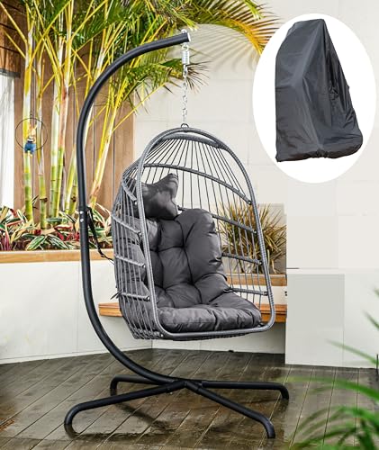 Indoor Outdoor Egg Chair with Stand and Oxford Cover 440lbs Capacity Folding Patio Wicker Hanging Swing Chair Dark Gray Indoor Outdoor Egg Chair with Stand and Oxford Cover 440lbs Capacity Folding Patio Wicker Hanging Swing Chair Dark Gray
