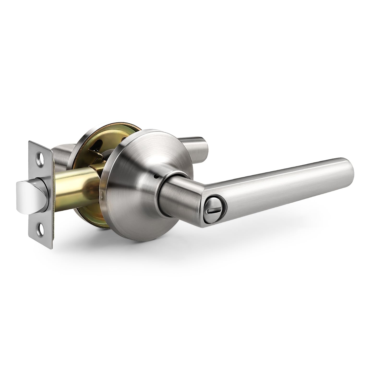 GOBEKOR 1 Pack Brushed Nickel Door Handle Interior Privacy Door Handle Heavy Duty Satin Nickel Door Lever for Bedroom or Bathroom Reversible Keyless for Left Right Handed Door