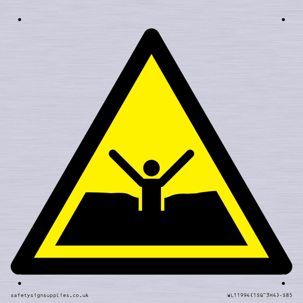 W061 Warning: Quicksand or mud/deep mud or silt Sign - 85x85mm - S85, Yellow/White