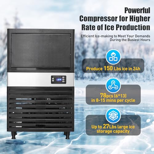 Image of Commercial Ice Maker Machine, 150lbs /24H Stainless Steel Under Counter ice Machine with 30lbs Ice Storage Capacity, Freestanding Ice Maker for Home Bar Outdoor