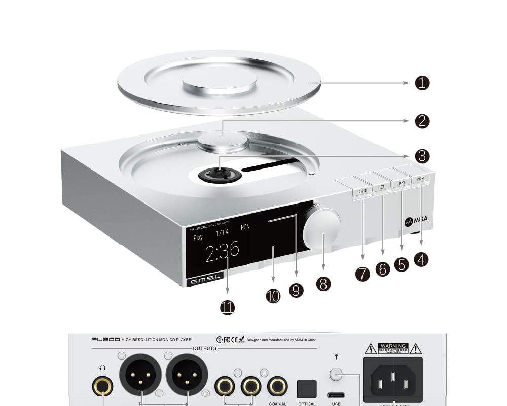 S.M.S.L PL200 Vibrationsfester kompakter MQA-CD Multifunktionsspieler USB DAC Multi-Eingang | USB/Bluetooth/CD | Multi-Ausgang | RCA/XLR/Kopfhörer gehärtetes Glas Display voll funktionsfähig